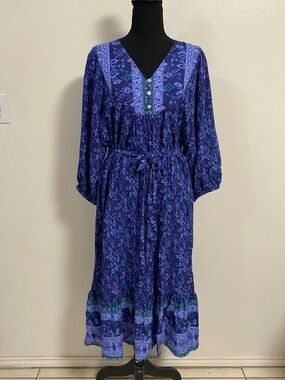 Beach Lunch Lounge Dress Women’s Size Large Blue Print Prairie Midi Dress Boho